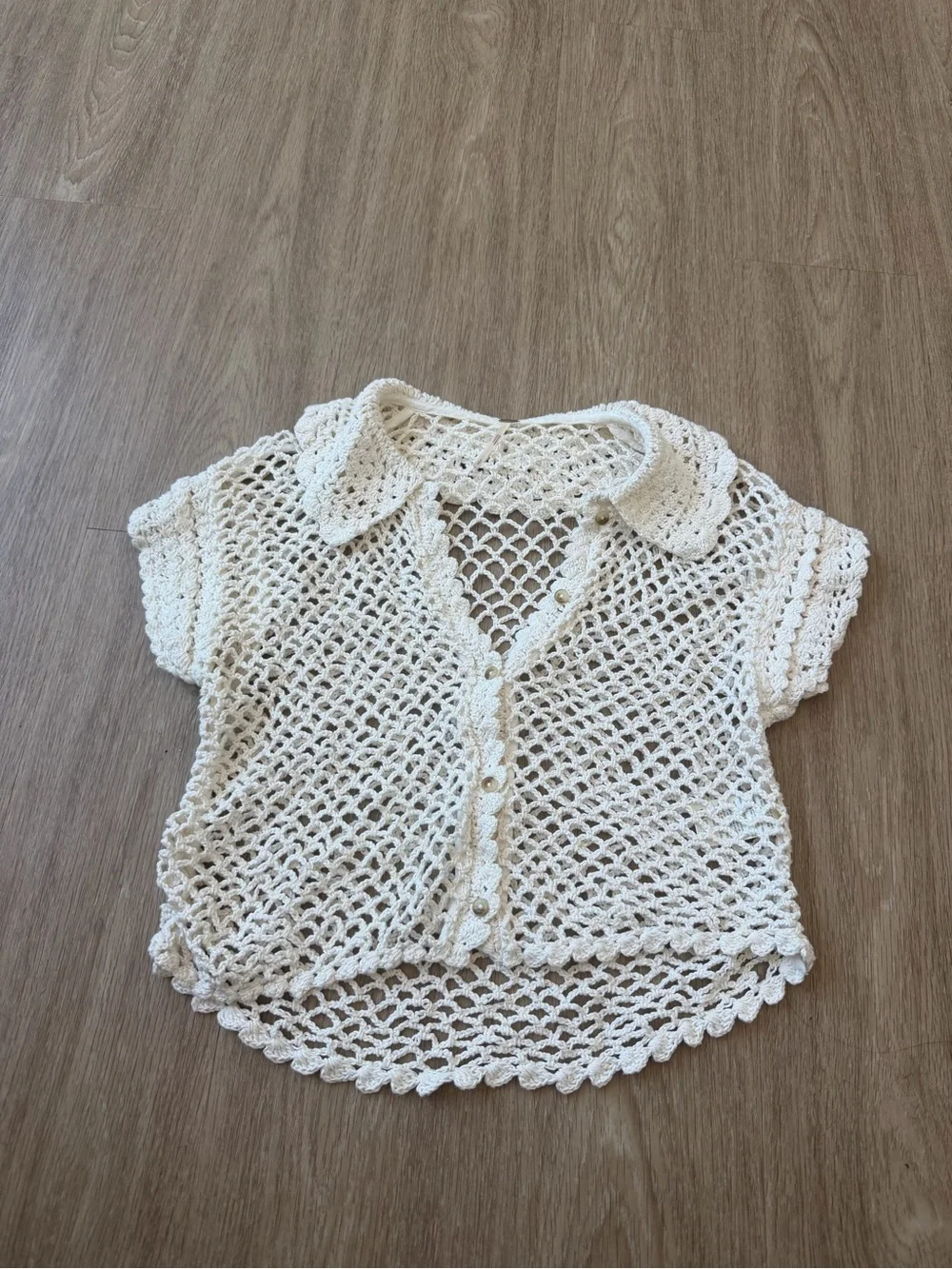 FREE PEOPLE Lilly Crochet Short-Sleeve Button Front Top in coconut milk size S